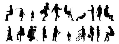 Vektör siluetleri, insanların ana hatları, Contour çizimleri, insanların siluetleri, ikon kümesi izole edilmiş, oturan insanların silueti, mimari set