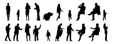 Vektör siluetleri, insanların ana hatları, Contour çizimleri, insanların siluetleri, ikon kümesi izole edilmiş, oturan insanların silueti, mimari set