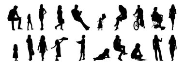 Vektör siluetleri, insanların ana hatları, Contour çizimleri, insanların siluetleri, ikon kümesi izole edilmiş, oturan insanların silueti, mimari set