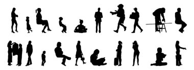 Vektör siluetleri, insanların ana hatları, Contour çizimleri, insanların siluetleri, ikon kümesi izole edilmiş, oturan insanların silueti, mimari set