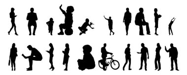 Vektör siluetleri, insanların ana hatları, Contour çizimleri, insanların siluetleri, ikon kümesi izole edilmiş, oturan insanların silueti, mimari set