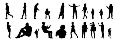 Vektör siluetleri, insanların ana hatları, Contour çizimleri, insanların siluetleri, ikon kümesi izole edilmiş, oturan insanların silueti, mimari set