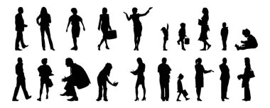 Vektör siluetleri, insanların ana hatları, Contour çizimleri, insanların siluetleri, ikon kümesi izole edilmiş, oturan insanların silueti, mimari set