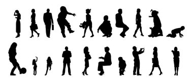 Vektör siluetleri, insanların ana hatları, Contour çizimleri, insanların siluetleri, ikon kümesi izole edilmiş, oturan insanların silueti, mimari set