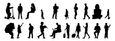 Vektör siluetleri, insanların ana hatları, Contour çizimleri, insanların siluetleri, ikon kümesi izole edilmiş, oturan insanların silueti, mimari set