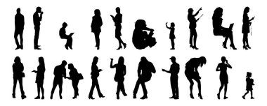 Vektör siluetleri, insanların ana hatları, Contour çizimleri, insanların siluetleri, ikon kümesi izole edilmiş, oturan insanların silueti, mimari set