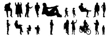 Vektör siluetleri, insanların ana hatları, Contour çizimleri, insanların siluetleri, ikon kümesi izole edilmiş, oturan insanların silueti, mimari set