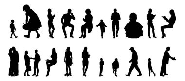 Vektör siluetleri, insanların ana hatları, Contour çizimleri, insanların siluetleri, ikon kümesi izole edilmiş, oturan insanların silueti, mimari set