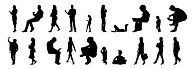 Vektör siluetleri, insanların ana hatları, Contour çizimleri, insanların siluetleri, ikon kümesi izole edilmiş, oturan insanların silueti, mimari set