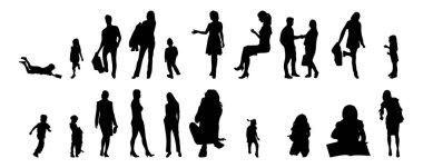 Vektör siluetleri, insanların ana hatları, Contour çizimleri, insanların siluetleri, ikon kümesi izole edilmiş, oturan insanların silueti, mimari set