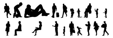 Vektör siluetleri, insanların ana hatları, Contour çizimleri, insanların siluetleri, ikon kümesi izole edilmiş, oturan insanların silueti, mimari set