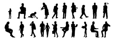 Vektör siluetleri, insanların ana hatları, Contour çizimleri, insanların siluetleri, ikon kümesi izole edilmiş, oturan insanların silueti, mimari set