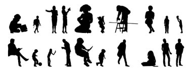 Vektör siluetleri, insanların ana hatları, Contour çizimleri, insanların siluetleri, ikon kümesi izole edilmiş, oturan insanların silueti, mimari set