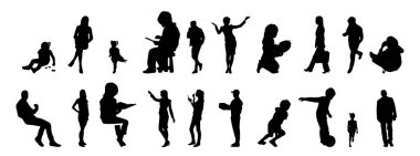 Vektör siluetleri, insanların ana hatları, Contour çizimleri, insanların siluetleri, ikon kümesi izole edilmiş, oturan insanların silueti, mimari set