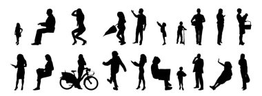 Vektör siluetleri, insanların ana hatları, Contour çizimleri, insanların siluetleri, ikon kümesi izole edilmiş, oturan insanların silueti, mimari set