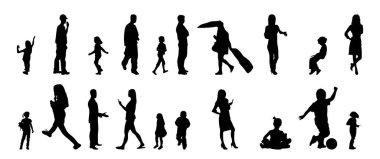 Vektör siluetleri, insanların ana hatları, Contour çizimleri, insanların siluetleri, ikon kümesi izole edilmiş, oturan insanların silueti, mimari set