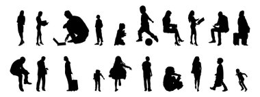 Vektör siluetleri, insanların ana hatları, Contour çizimleri, insanların siluetleri, ikon kümesi izole edilmiş, oturan insanların silueti, mimari set