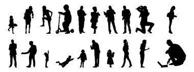 Vektör siluetleri, insanların ana hatları, Contour çizimleri, insanların siluetleri, ikon kümesi izole edilmiş, oturan insanların silueti, mimari set