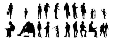 Vektör siluetleri, insanların ana hatları, Contour çizimleri, insanların siluetleri, ikon kümesi izole edilmiş, oturan insanların silueti, mimari set