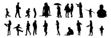 Vektör siluetleri, insanların ana hatları, Contour çizimleri, insanların siluetleri, ikon kümesi izole edilmiş, oturan insanların silueti, mimari set