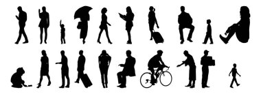 Vektör siluetleri, insanların ana hatları, Contour çizimleri, insanların siluetleri, ikon kümesi izole edilmiş, oturan insanların silueti, mimari set