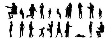 Vektör siluetleri, insanların ana hatları, Contour çizimleri, insanların siluetleri, ikon kümesi izole edilmiş, oturan insanların silueti, mimari set