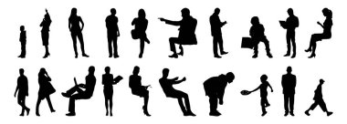 Vektör siluetleri, insanların ana hatları, Contour çizimleri, insanların siluetleri, ikon kümesi izole edilmiş, oturan insanların silueti, mimari set