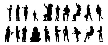 Vektör siluetleri, insanların ana hatları, Contour çizimleri, insanların siluetleri, ikon kümesi izole edilmiş, oturan insanların silueti, mimari set