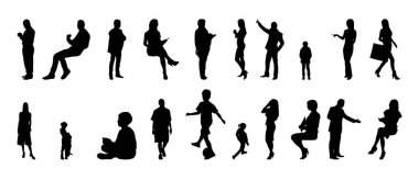 Vektör siluetleri, insanların ana hatları, Contour çizimleri, insanların siluetleri, ikon kümesi izole edilmiş, oturan insanların silueti, mimari set