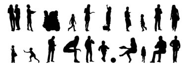 Vektör siluetleri, insanların ana hatları, Contour çizimleri, insanların siluetleri, ikon kümesi izole edilmiş, oturan insanların silueti, mimari set