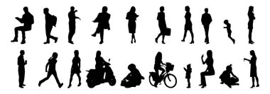 Vektör siluetleri, insanların ana hatları, Contour çizimleri, insanların siluetleri, ikon kümesi izole edilmiş, oturan insanların silueti, mimari set