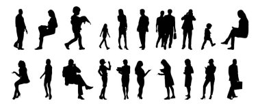Vektör siluetleri, insanların ana hatları, Contour çizimleri, insanların siluetleri, ikon kümesi izole edilmiş, oturan insanların silueti, mimari set
