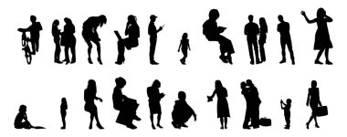 Vektör siluetleri, insanların ana hatları, Contour çizimleri, insanların siluetleri, ikon kümesi izole edilmiş, oturan insanların silueti, mimari set