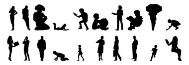 Vektör siluetleri, insanların ana hatları, Contour çizimleri, insanların siluetleri, ikon kümesi izole edilmiş, oturan insanların silueti, mimari set