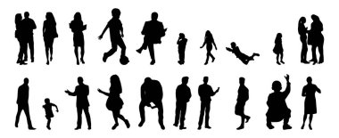 Vektör siluetleri, insanların ana hatları, Contour çizimleri, insanların siluetleri, ikon kümesi izole edilmiş, oturan insanların silueti, mimari set