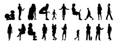 Vektör siluetleri, insanların ana hatları, Contour çizimleri, insanların siluetleri, ikon kümesi izole edilmiş, oturan insanların silueti, mimari set