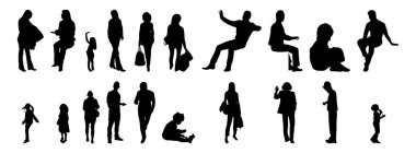 Vektör siluetleri, insanların ana hatları, Contour çizimleri, insanların siluetleri, ikon kümesi izole edilmiş, oturan insanların silueti, mimari set