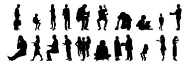 Vektör siluetleri, insanların ana hatları, Contour çizimleri, insanların siluetleri, ikon kümesi izole edilmiş, oturan insanların silueti, mimari set