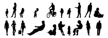 Vektör siluetleri, insanların ana hatları, Contour çizimleri, insanların siluetleri, ikon kümesi izole edilmiş, oturan insanların silueti, mimari set