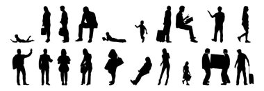 Vektör siluetleri, insanların ana hatları, Contour çizimleri, insanların siluetleri, ikon kümesi izole edilmiş, oturan insanların silueti, mimari set