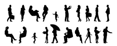 Vektör siluetleri, insanların ana hatları, Contour çizimleri, insanların siluetleri, ikon kümesi izole edilmiş, oturan insanların silueti, mimari set