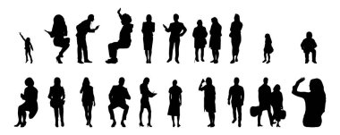Vektör siluetleri, insanların ana hatları, Contour çizimleri, insanların siluetleri, ikon kümesi izole edilmiş, oturan insanların silueti, mimari set