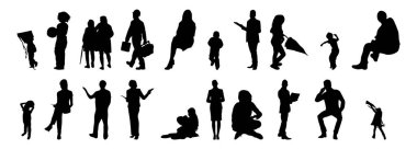 Vektör siluetleri, insanların ana hatları, Contour çizimleri, insanların siluetleri, ikon kümesi izole edilmiş, oturan insanların silueti, mimari set