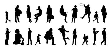 Vektör siluetleri, insanların ana hatları, Contour çizimleri, insanların siluetleri, ikon kümesi izole edilmiş, oturan insanların silueti, mimari set