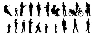 Vektör siluetleri, insanların ana hatları, Contour çizimleri, insanların siluetleri, ikon kümesi izole edilmiş, oturan insanların silueti, mimari set