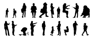 Vektör siluetleri, insanların ana hatları, Contour çizimleri, insanların siluetleri, ikon kümesi izole edilmiş, oturan insanların silueti, mimari set