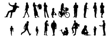 Vektör siluetleri, insanların ana hatları, Contour çizimleri, insanların siluetleri, ikon kümesi izole edilmiş, oturan insanların silueti, mimari set