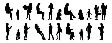Vektör siluetleri, insanların ana hatları, Contour çizimleri, insanların siluetleri, ikon kümesi izole edilmiş, oturan insanların silueti, mimari set