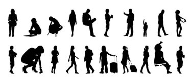 Vektör siluetleri, insanların ana hatları, Contour çizimleri, insanların siluetleri, ikon kümesi izole edilmiş, oturan insanların silueti, mimari set