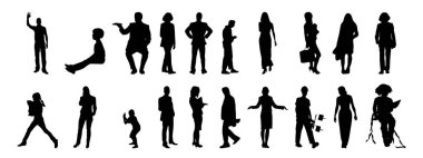 Vektör siluetleri, insanların ana hatları, Contour çizimleri, insanların siluetleri, ikon kümesi izole edilmiş, oturan insanların silueti, mimari set